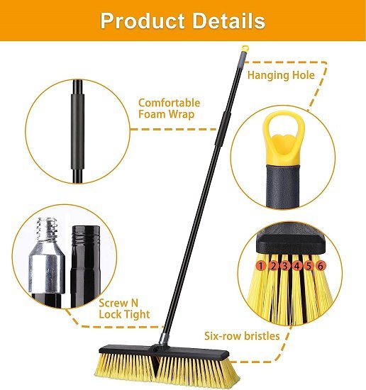 18" Push Broom Outdoor Heavy Duty Broom with 63" Long Handle