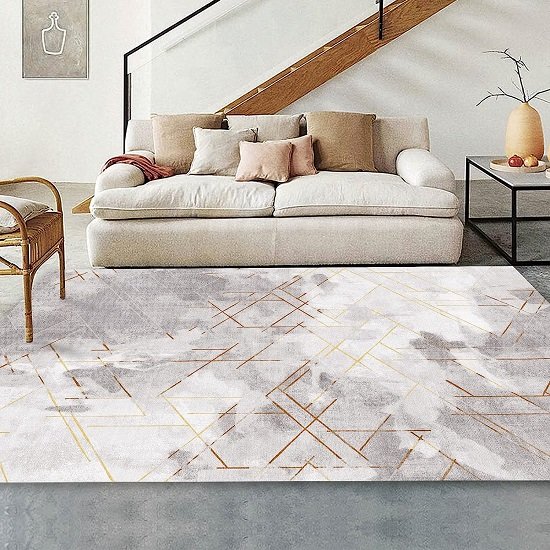 Abstract Gold Thread Area Rug, Off-White, 5x7 Feet