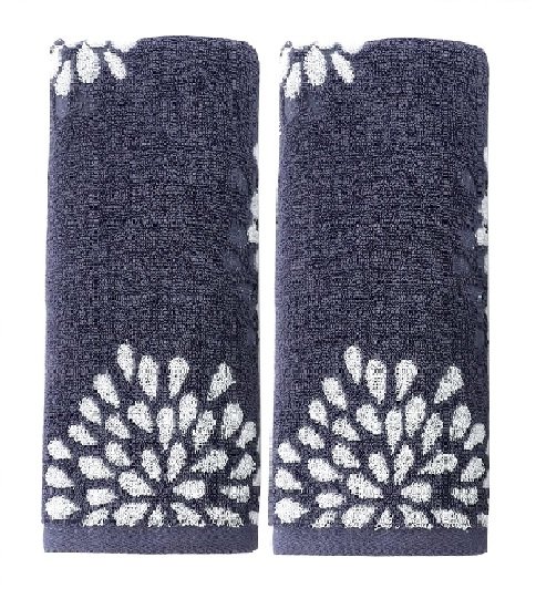Hand Towels Set of 2 Hydrangea Floral Pattern 100% Cotton Absorbent Soft Decorative Towel for Bathroom (Denim Blue)