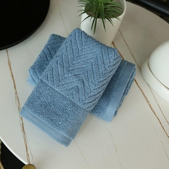 Blue Hand Towels Set of 2 100% Cotton Terry Stripe Patterned Super Soft Absorbent Hand Towels, 13 X 29 Inches