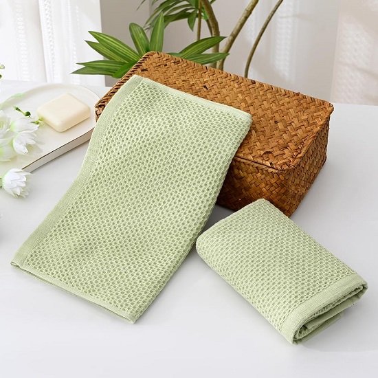 Green waffle hand towels, highly absorbent and quick-drying 100% cotton hand towels 13 inches X 29 inches (set of 2)